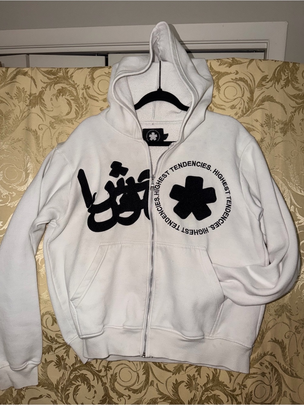 White Zip-Up Hoodie with Black Logo